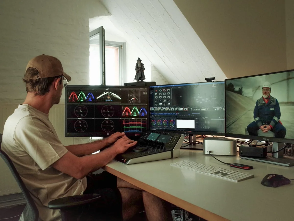 Colour grading under the eaves: a man at the panel in front of three monitors showing scopes, the timeline and a still