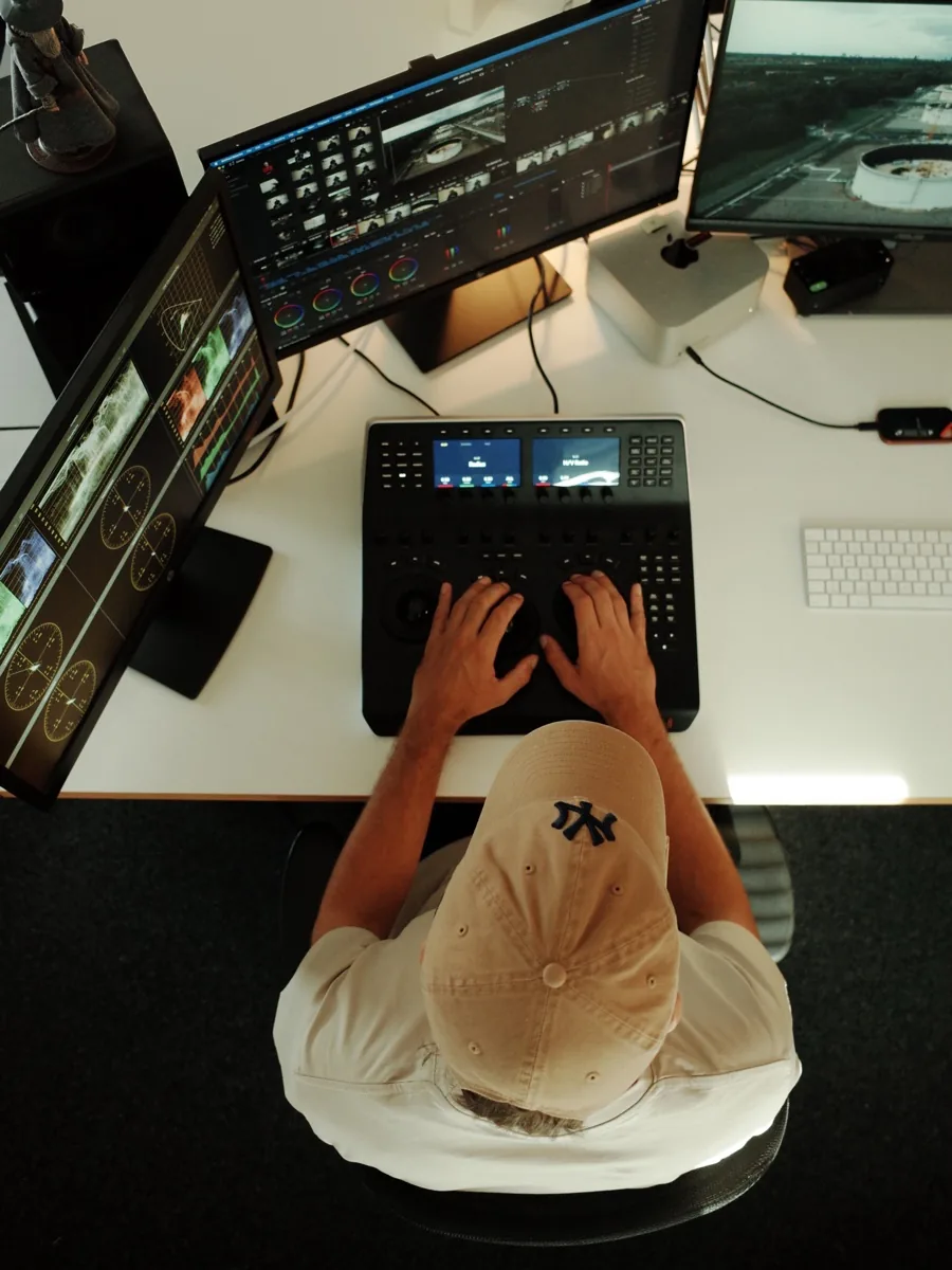 Post-production at Le Werk in Cologne: looking down at an edit suite, both hands on the control panel, monitors with the timeline and a still in front